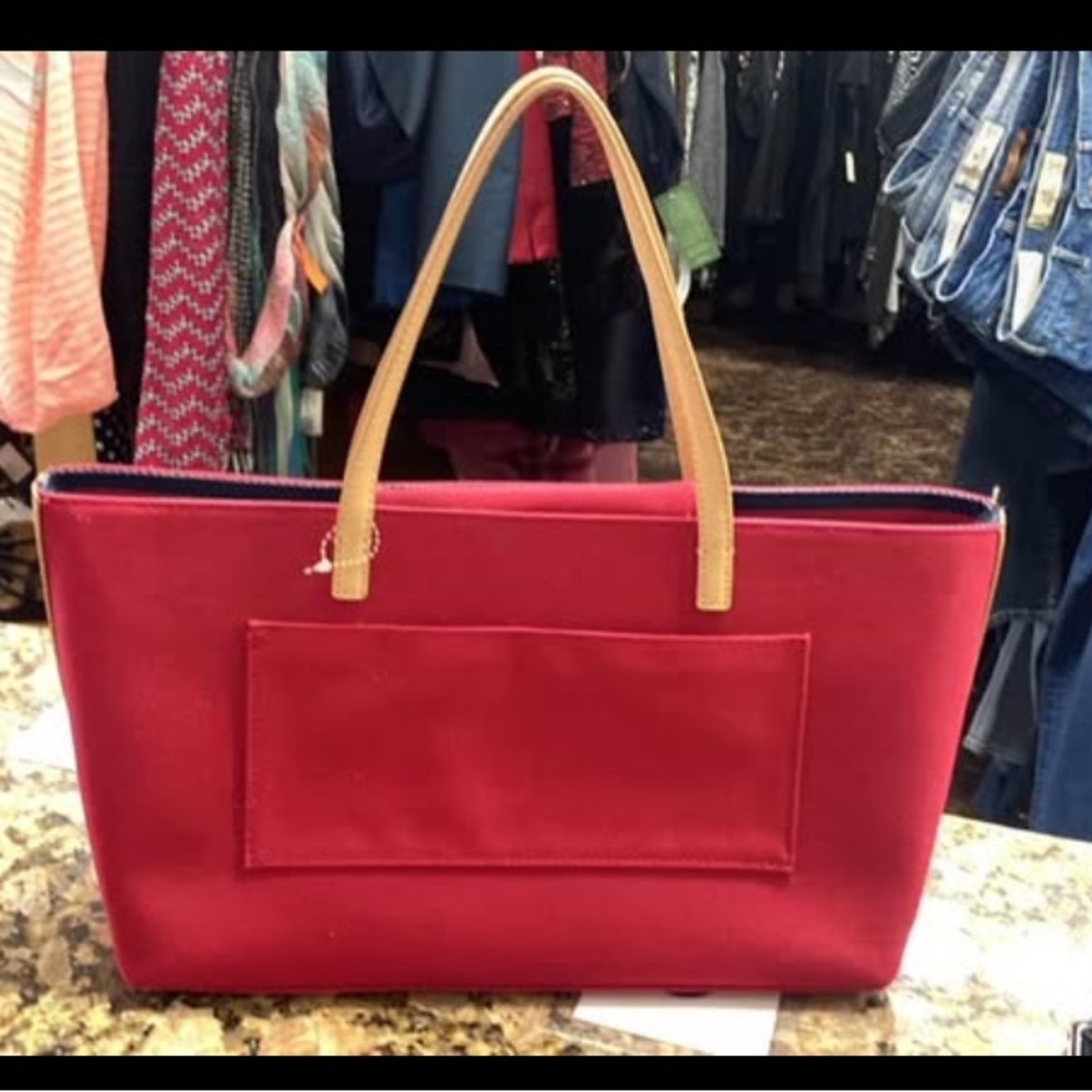 Talbots Red Canvas Tote Bag Striped Interior Leather Handles Preppy